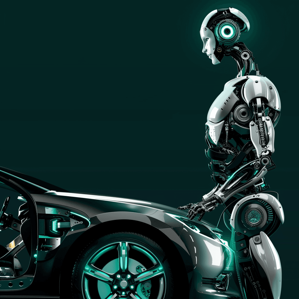 AI robot diagnosing a modern car with glowing teal accents